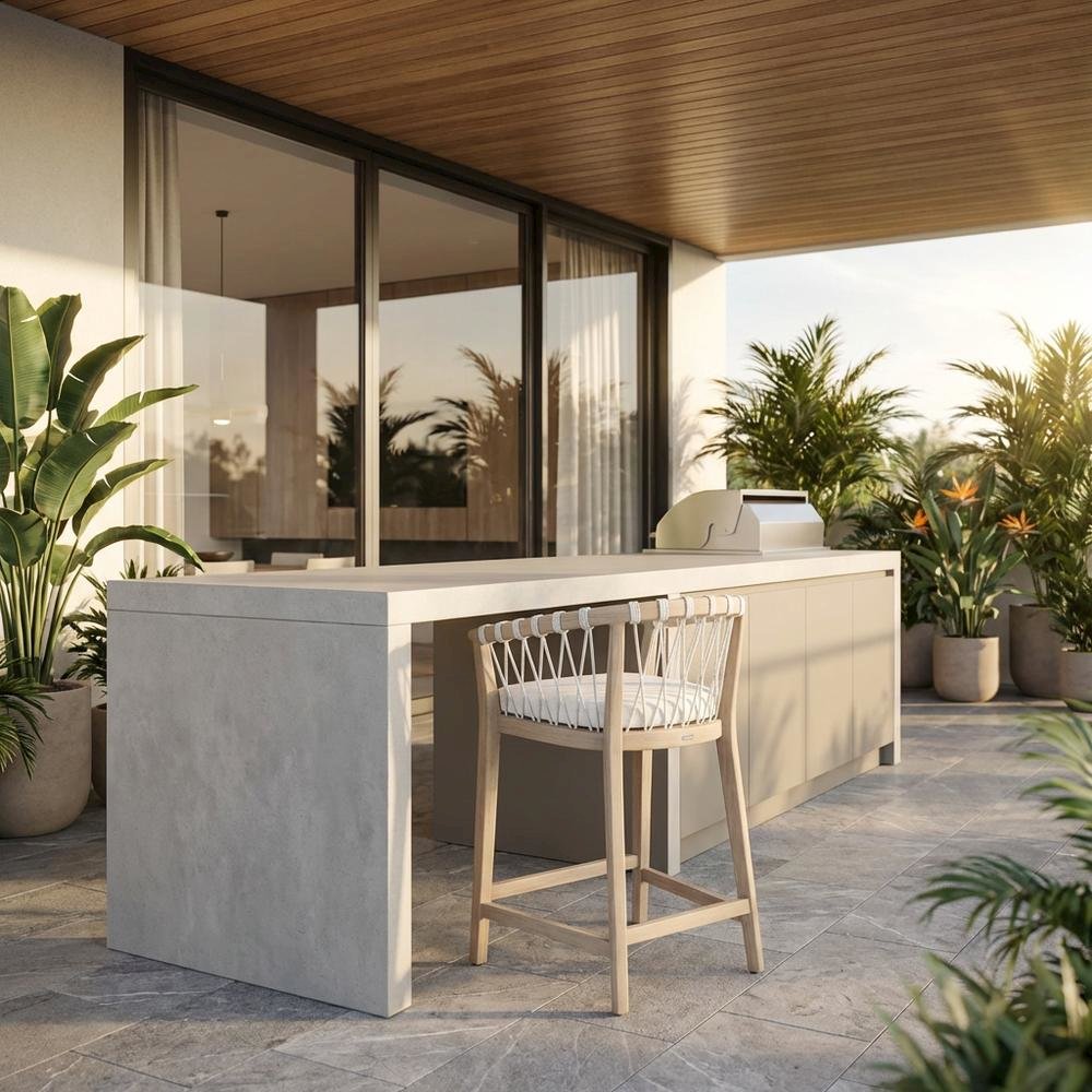 Transitional Pacific Outdoor Counter Stool, Reversible Seat Cushion, Wash Finish. Picture 2