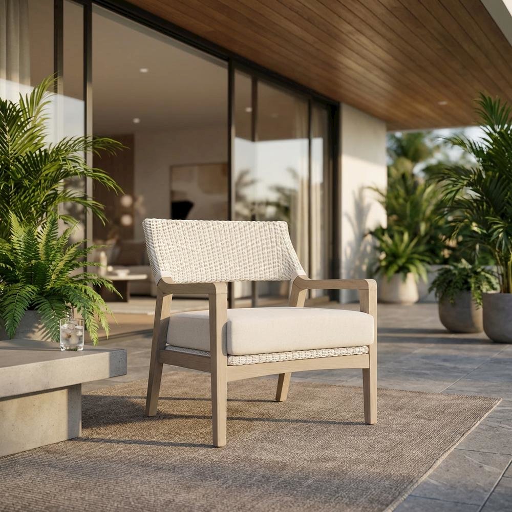 Transitional Outdoor Club Chair with Washed Ever Teak Finish, Performance Fabric. Picture 2