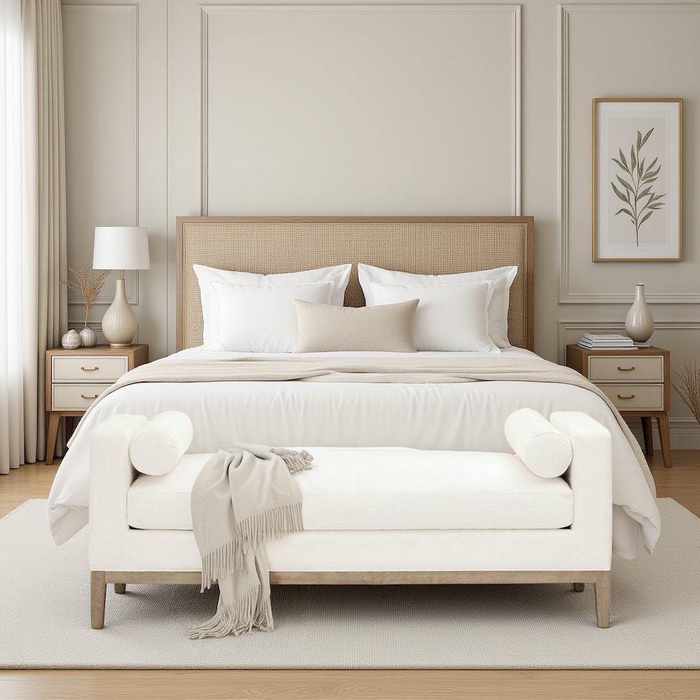 Gray Boucle Upholstered Bench for King Bed – Bedroom Bench. Picture 2