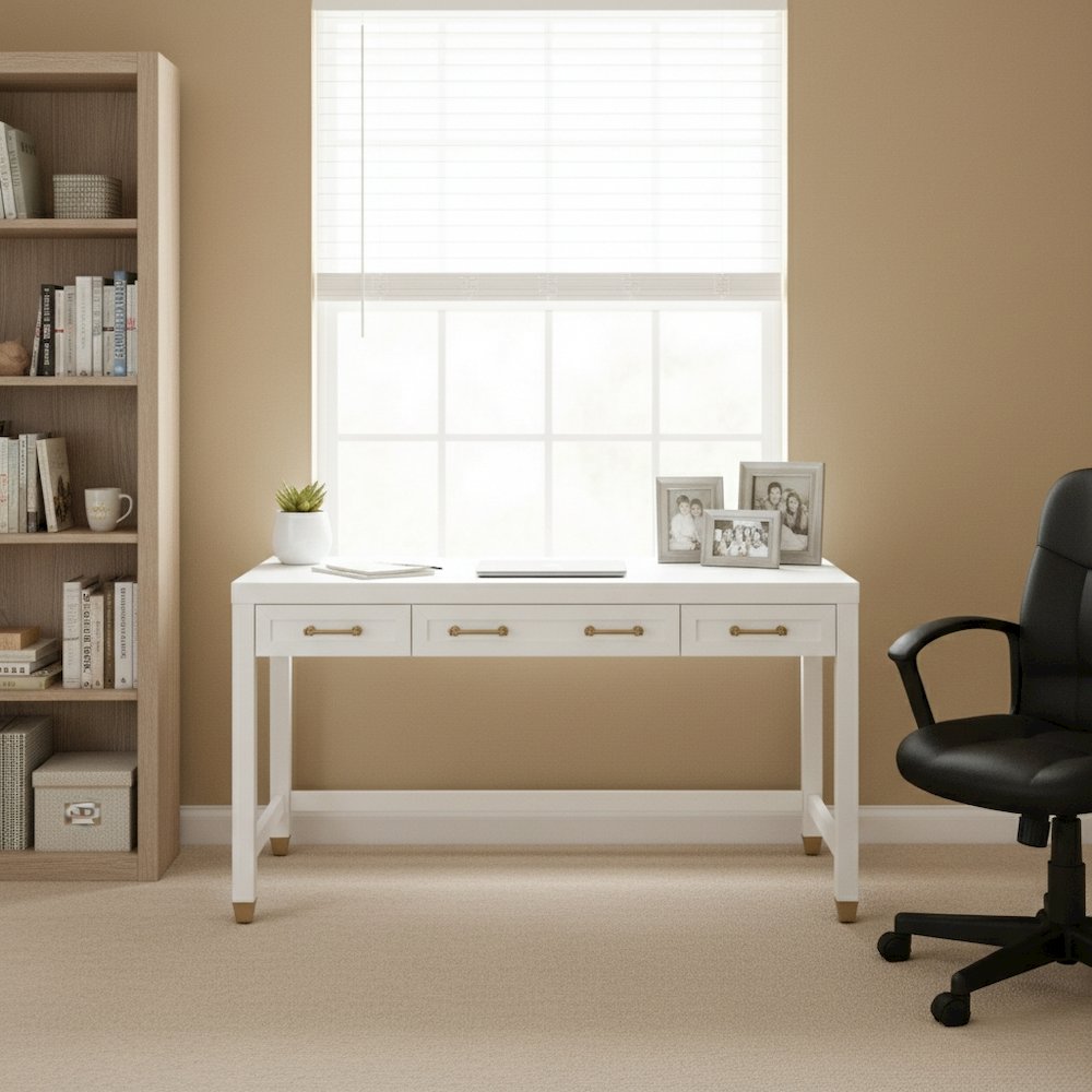 White Storage Desk with 3 Drawers, Brushed Brass Hardware, Metal Glides. Picture 2
