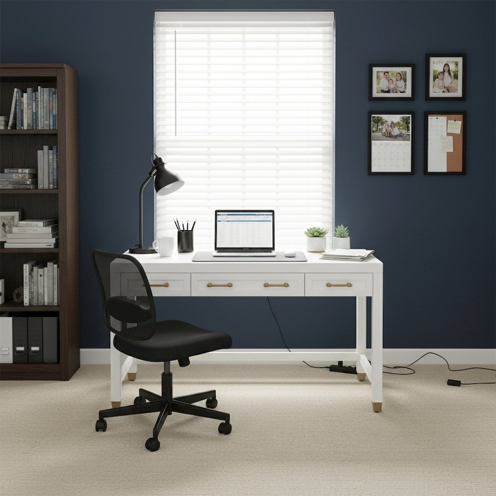 White Storage Desk with 3 Drawers, Brushed Brass Hardware, Metal Glides. Picture 3