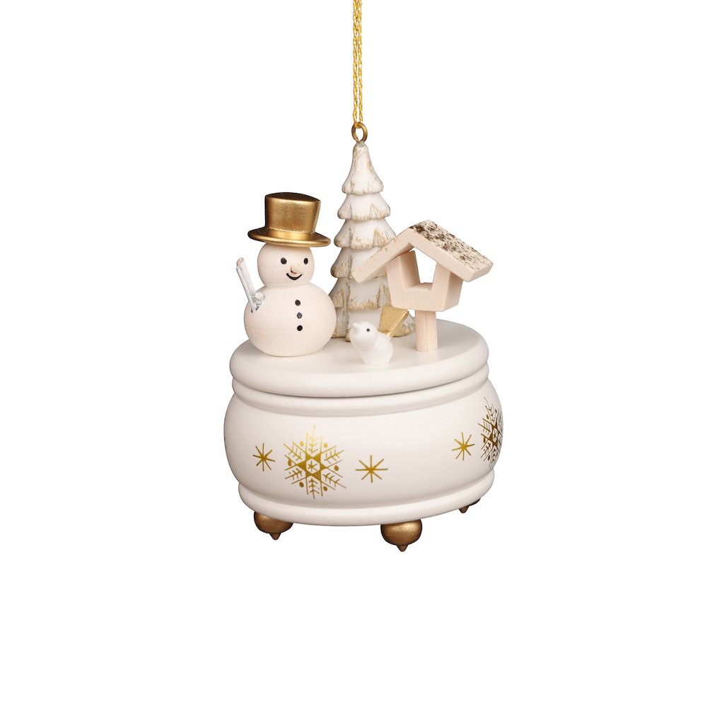 Ornament - White Music Box With Snowman - 3"H X 2.5"W X 2.5"D. Picture 1