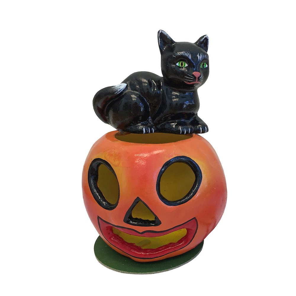 Paper Mache Candy Container - Cat On Pumpkin. Picture 1