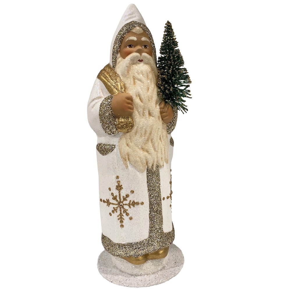 Paper Mache Candy Container - Santa In White With Gold Flakes And Cyrstals. Picture 1