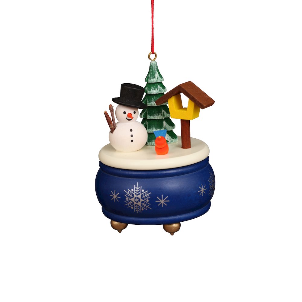 Ornament - Blue Music Box With Snowman - 3"H X 2.5"W X 2.5"D. Picture 1
