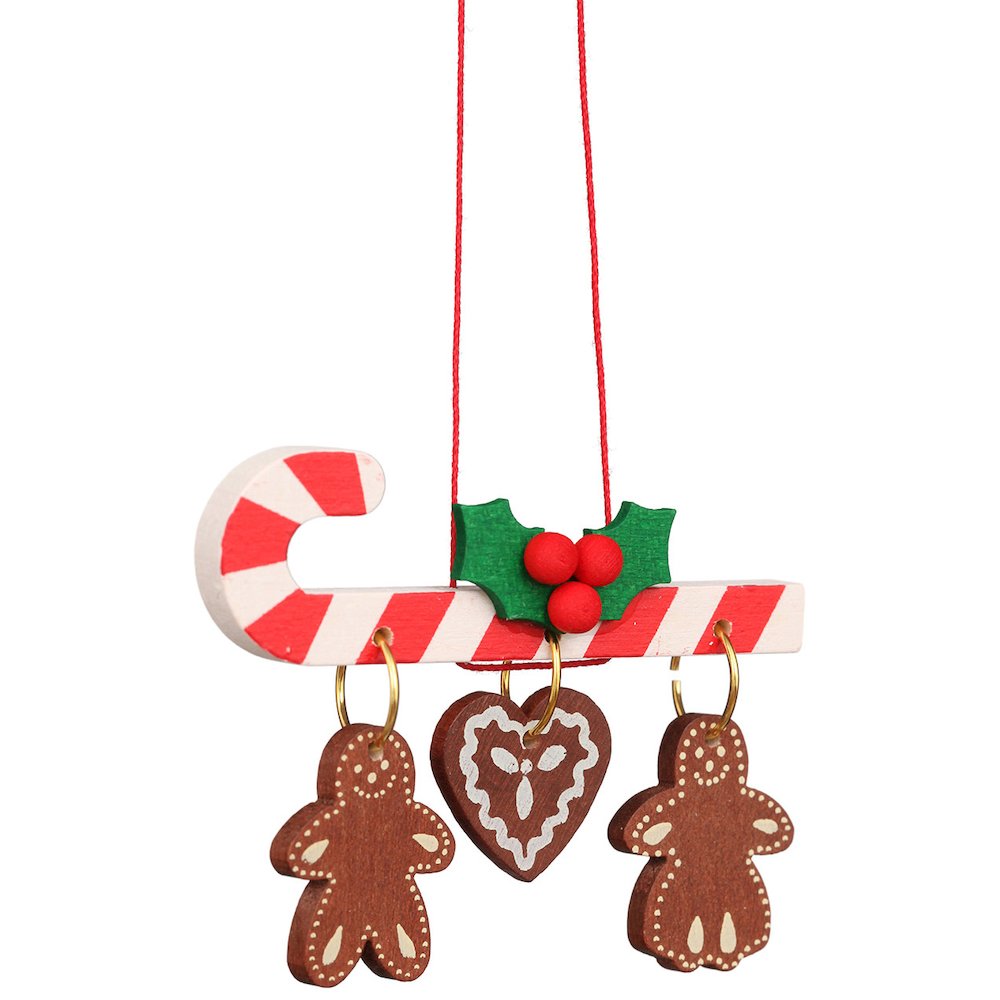 Ornament - Candy Cane With Hanging Gingerbread Cookies. Picture 1
