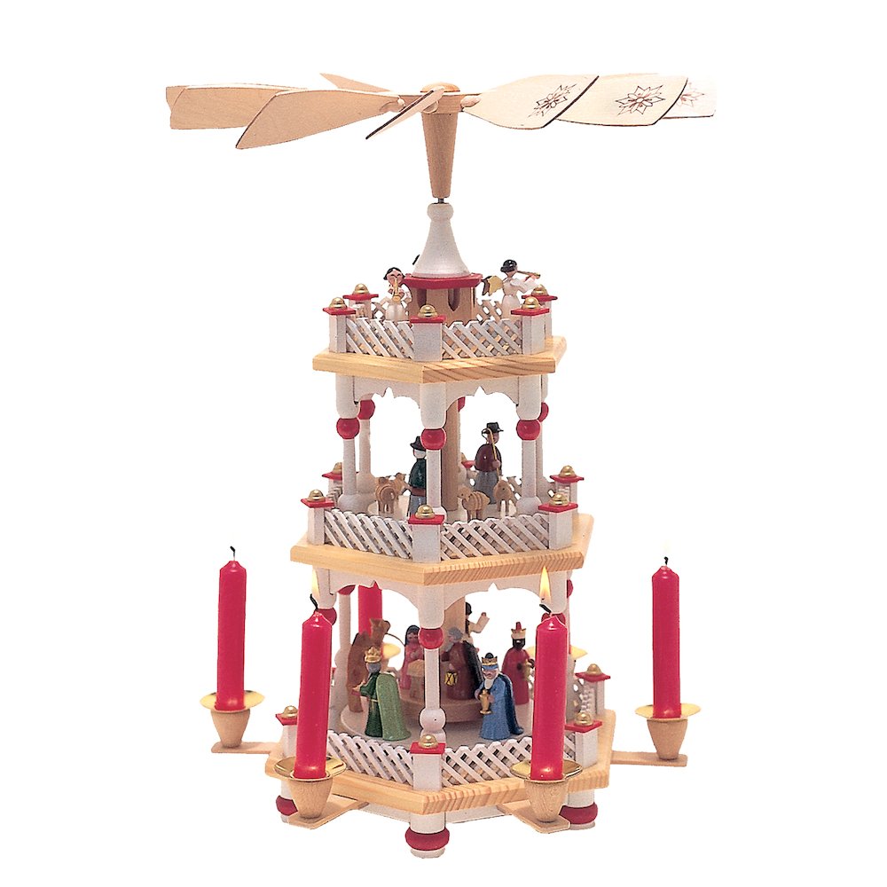Pyramid - 3 Tiers - Nativity Scene, Wise Men, Shepherds And Angels. Picture 1