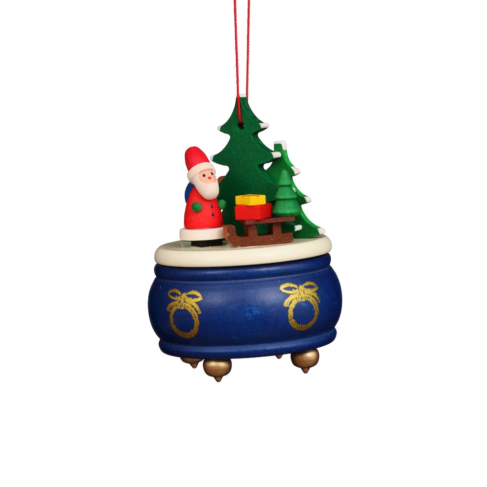 Ornament - Blue Music Box With Santa - 3"H X 2.5"W X 2.5"D. Picture 1