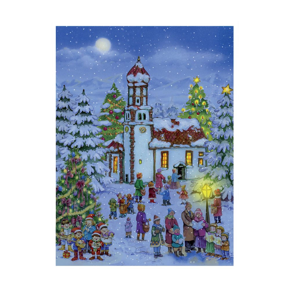 Advent Calendar - Nighttime Snowy Church Scene. Picture 1