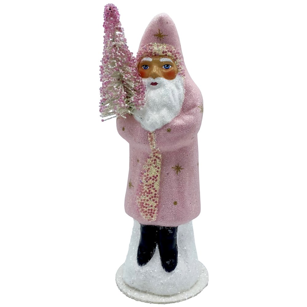 Paper Mache Candy Container - Beaded Rose Santa With Gold Stars And Rose Tree. Picture 1