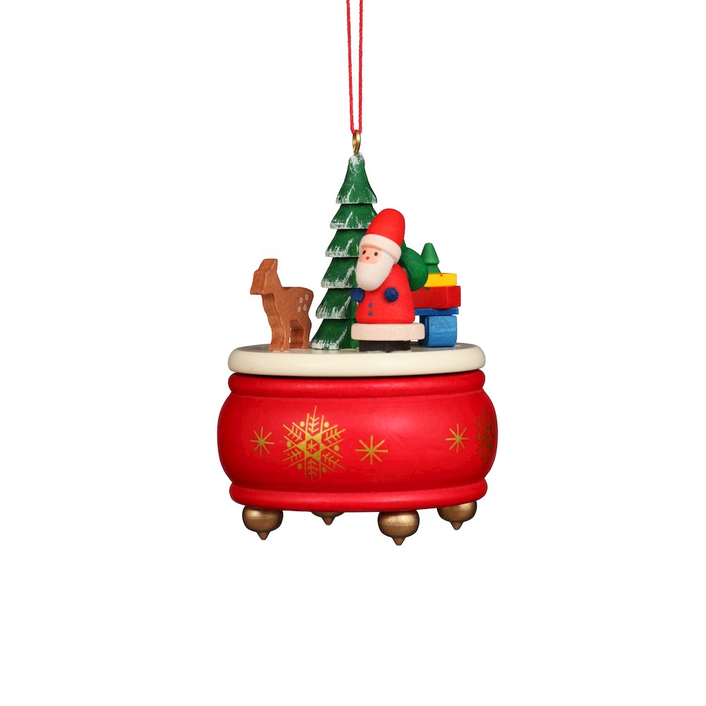 Ornament - Red Music Box With Santa - 3"H X 2.5"W X 2.5"D. Picture 1