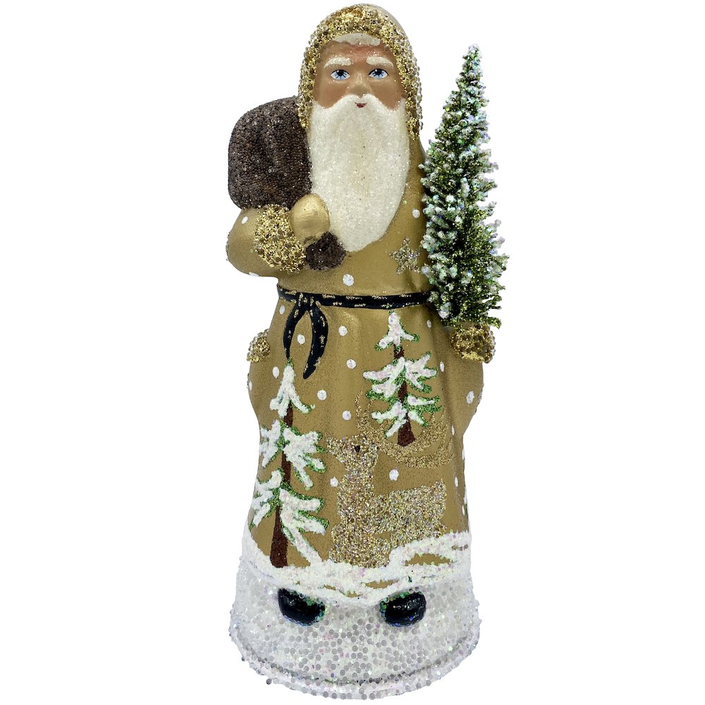 Paper Mache Candy Container -Santa With Tree And Gold Coat. Picture 1