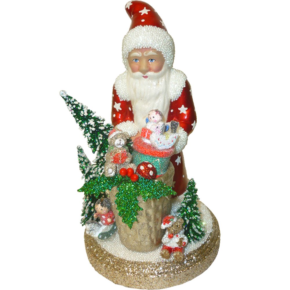 Paper Mache Candy Container - Santa Red With Gifts. Picture 1
