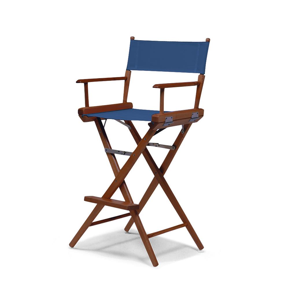 Telescope Casual World Famous Bar Height Director Chair With Walnut Stain Finish and Blue Fabric. Picture 1