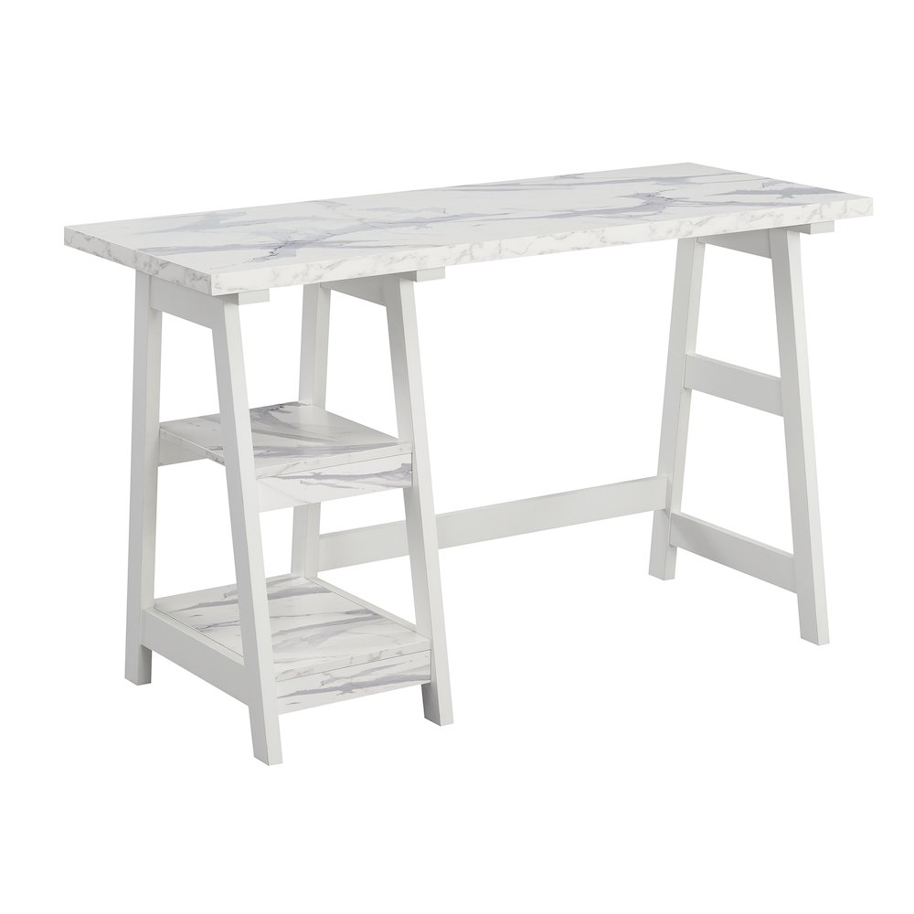 Designs2Go Trestle Desk with Shelves, White Faux Marble/White. Picture 1