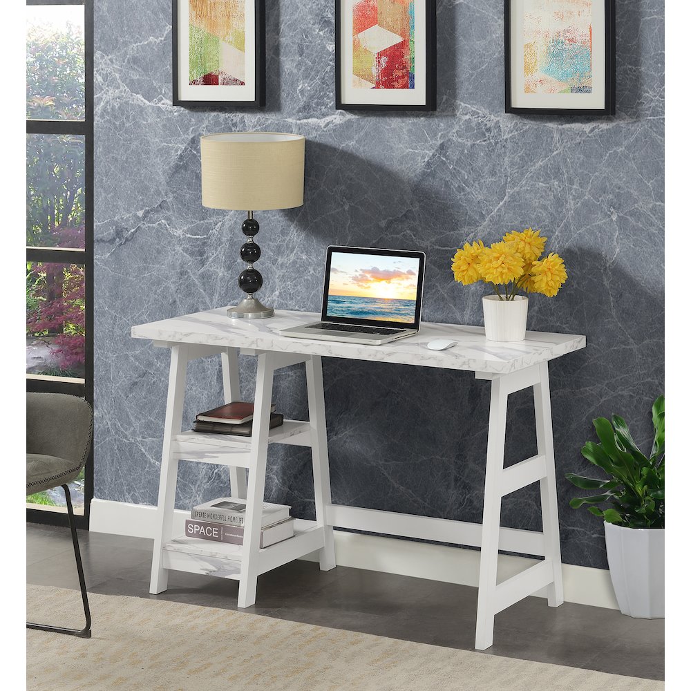 Designs2Go Trestle Desk with Shelves, White Faux Marble/White. Picture 2