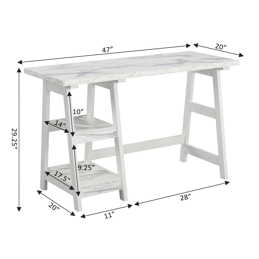 Designs2Go Trestle Desk with Shelves, White Faux Marble/White. Picture 5