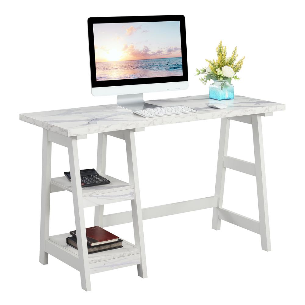 Designs2Go Trestle Desk with Shelves, White Faux Marble/White. Picture 1