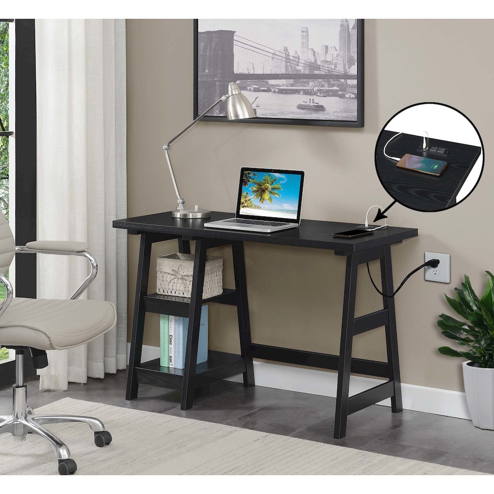 Designs2Go Trestle Desk with Charging Station, Black. Picture 2