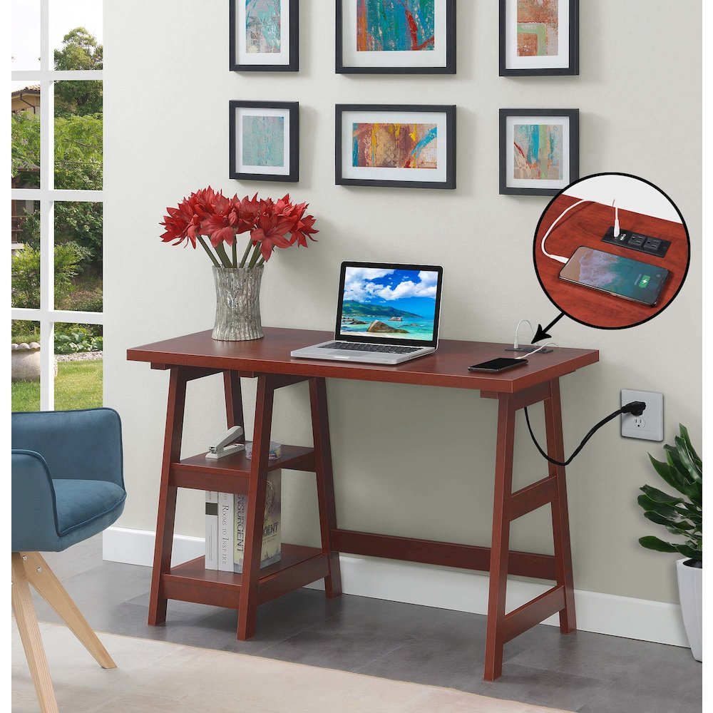 Designs2Go Trestle Desk with Charging Station, Cherry. Picture 2