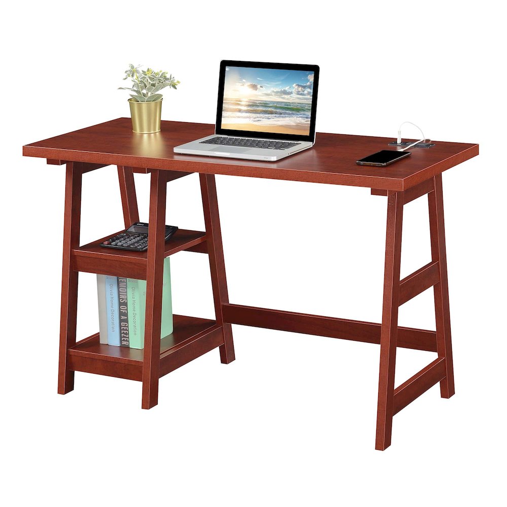 Designs2Go Trestle Desk with Charging Station, Cherry. Picture 3