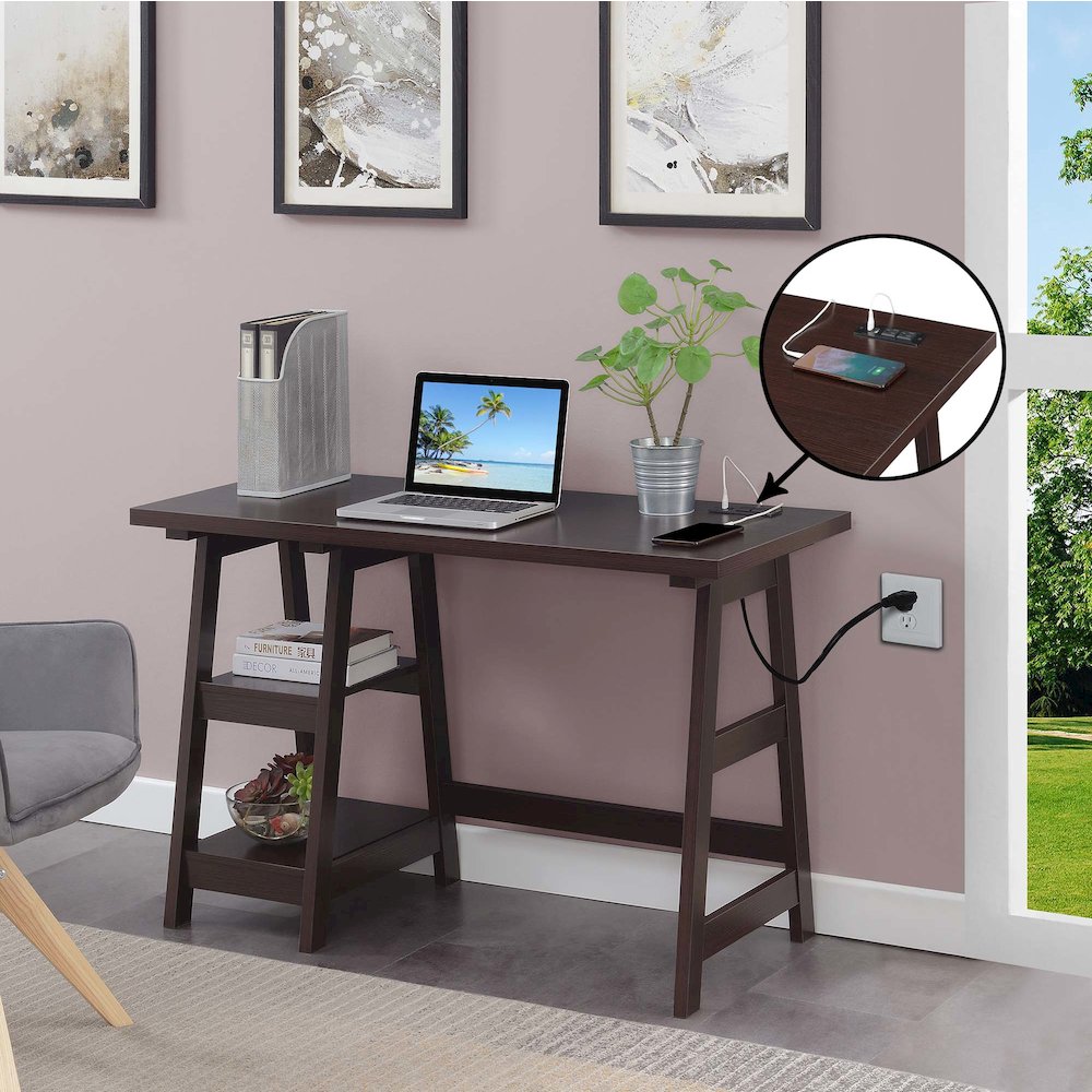 Designs2Go Trestle Desk with Charging Station, Espresso. Picture 2