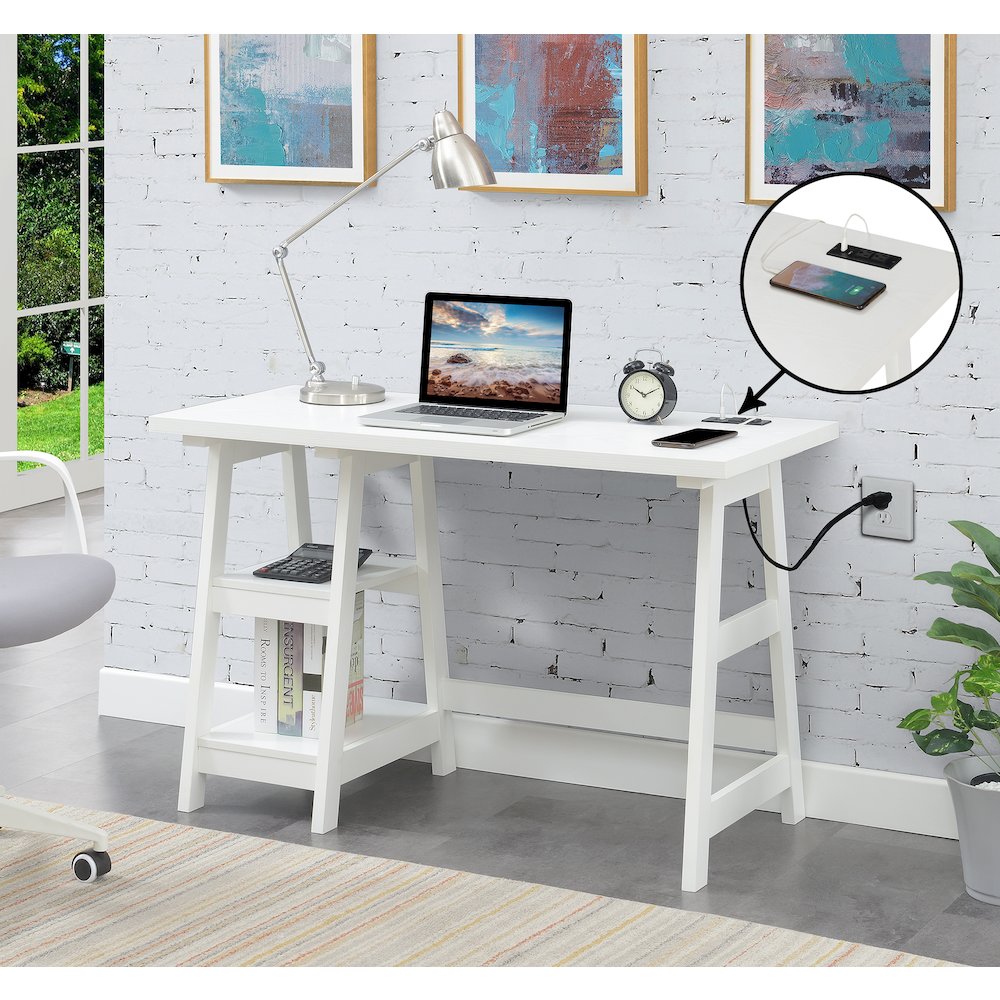 Designs2Go Trestle Desk with Charging Station, White. Picture 2
