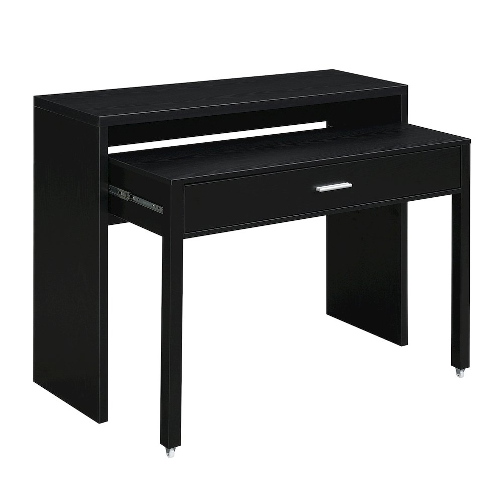 Newport JB Console/Sliding Desk with Drawer and Riser, Black. Picture 1