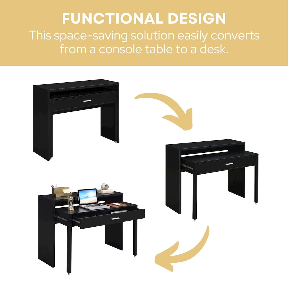 Newport JB Console/Sliding Desk with Drawer and Riser, Black. Picture 5