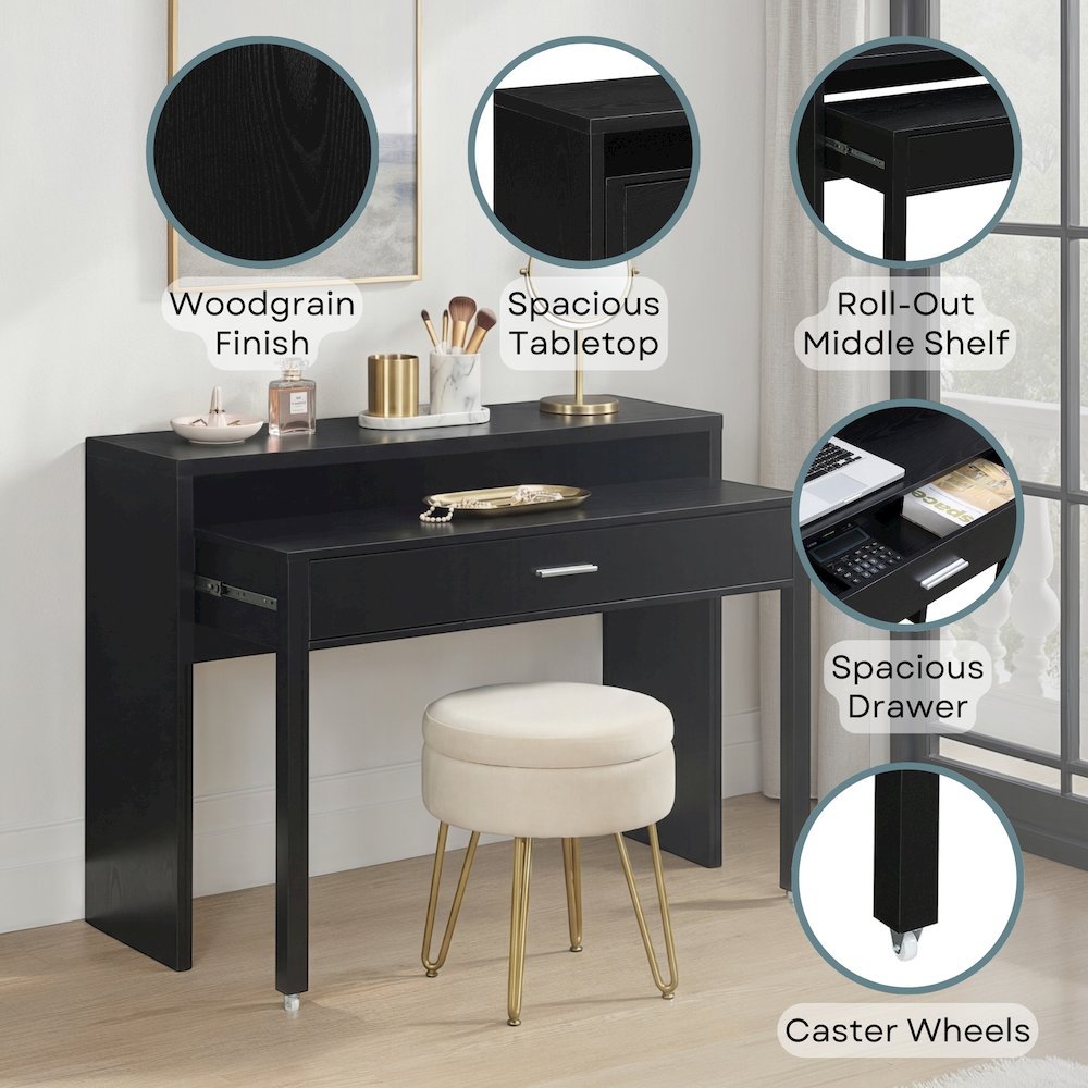 Newport JB Console/Sliding Desk with Drawer and Riser, Black. Picture 4