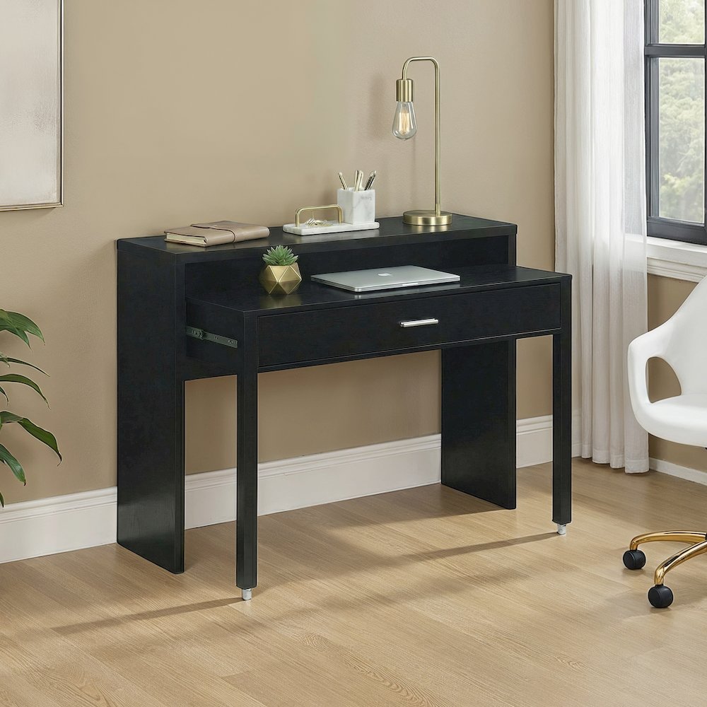 Newport JB Console/Sliding Desk with Drawer and Riser, Black. Picture 2