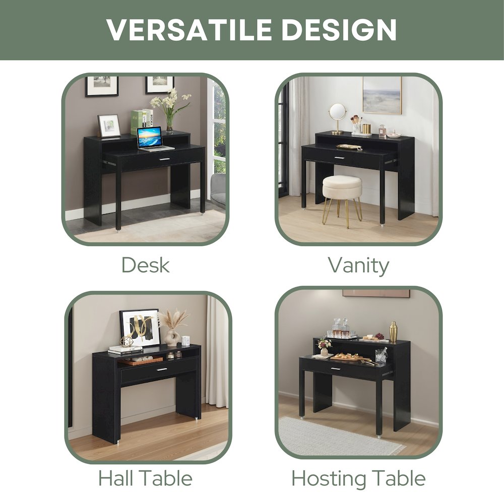 Newport JB Console/Sliding Desk with Drawer and Riser, Black. Picture 6
