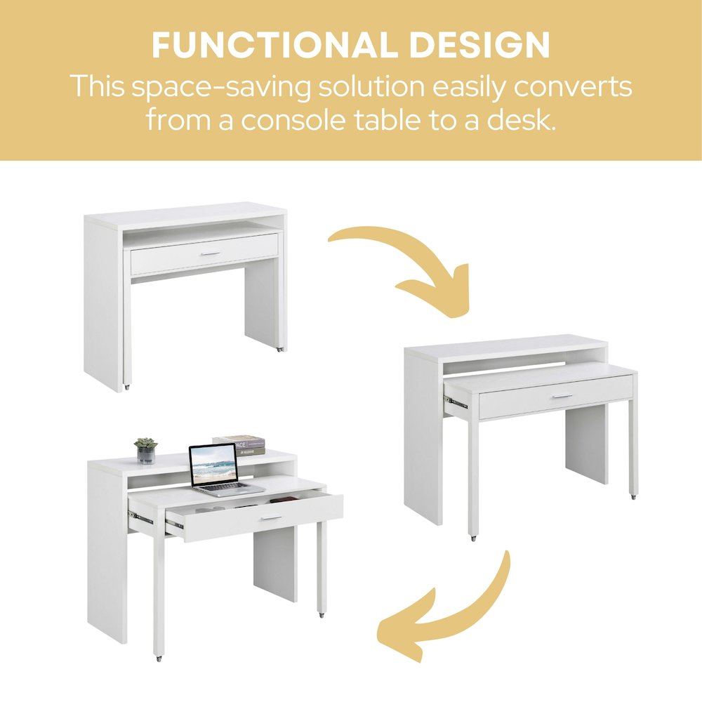 Newport JB Console/Sliding Desk with Drawer and Riser, White. Picture 5