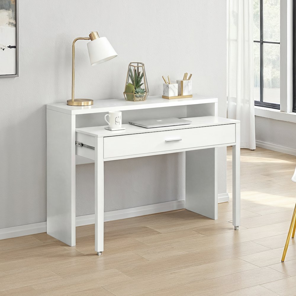 Newport JB Console/Sliding Desk with Drawer and Riser, White. Picture 2