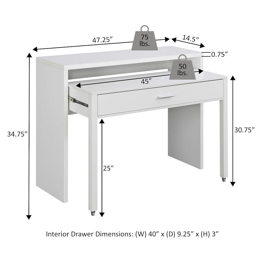 Newport JB Console/Sliding Desk with Drawer and Riser, White. Picture 7
