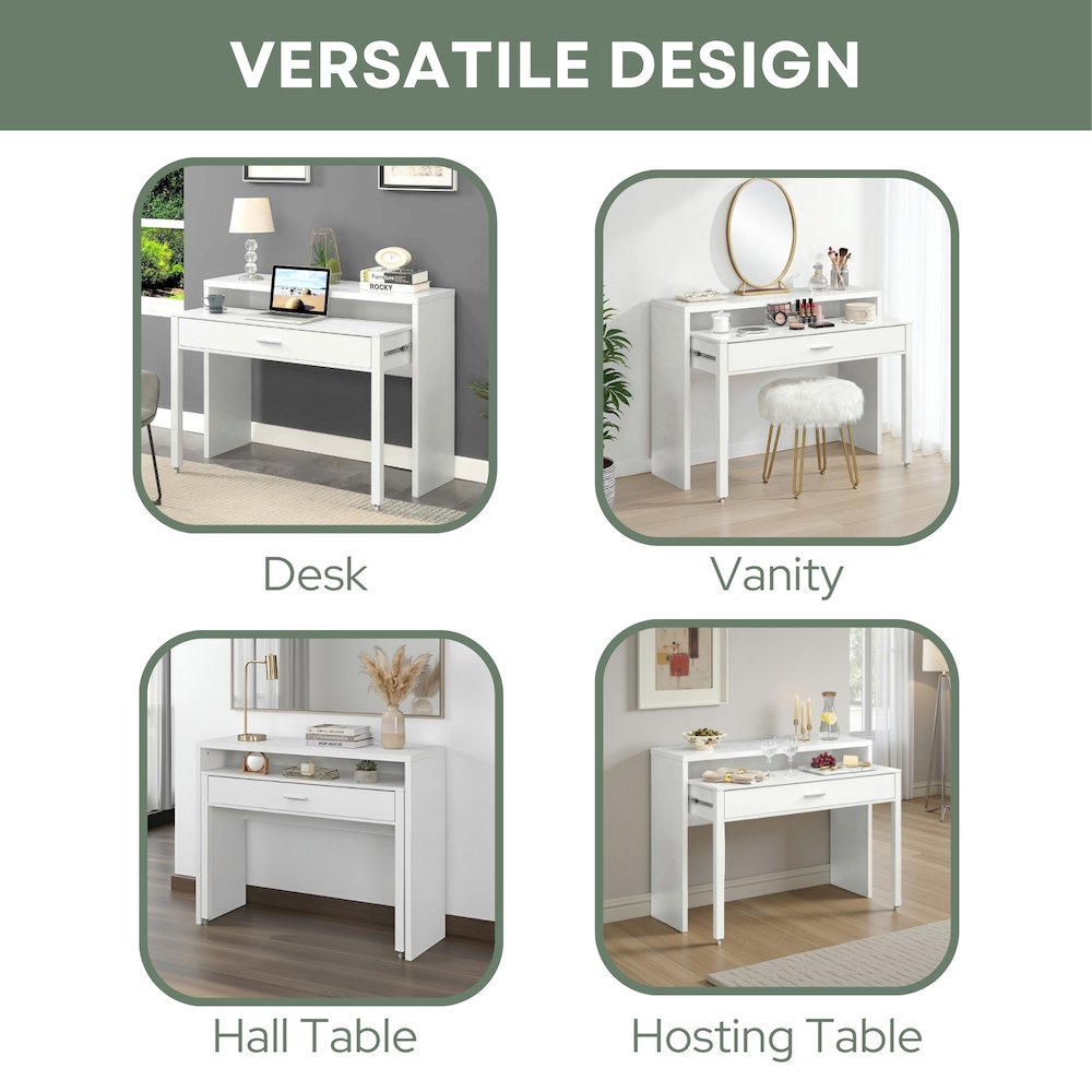 Newport JB Console/Sliding Desk with Drawer and Riser, White. Picture 6