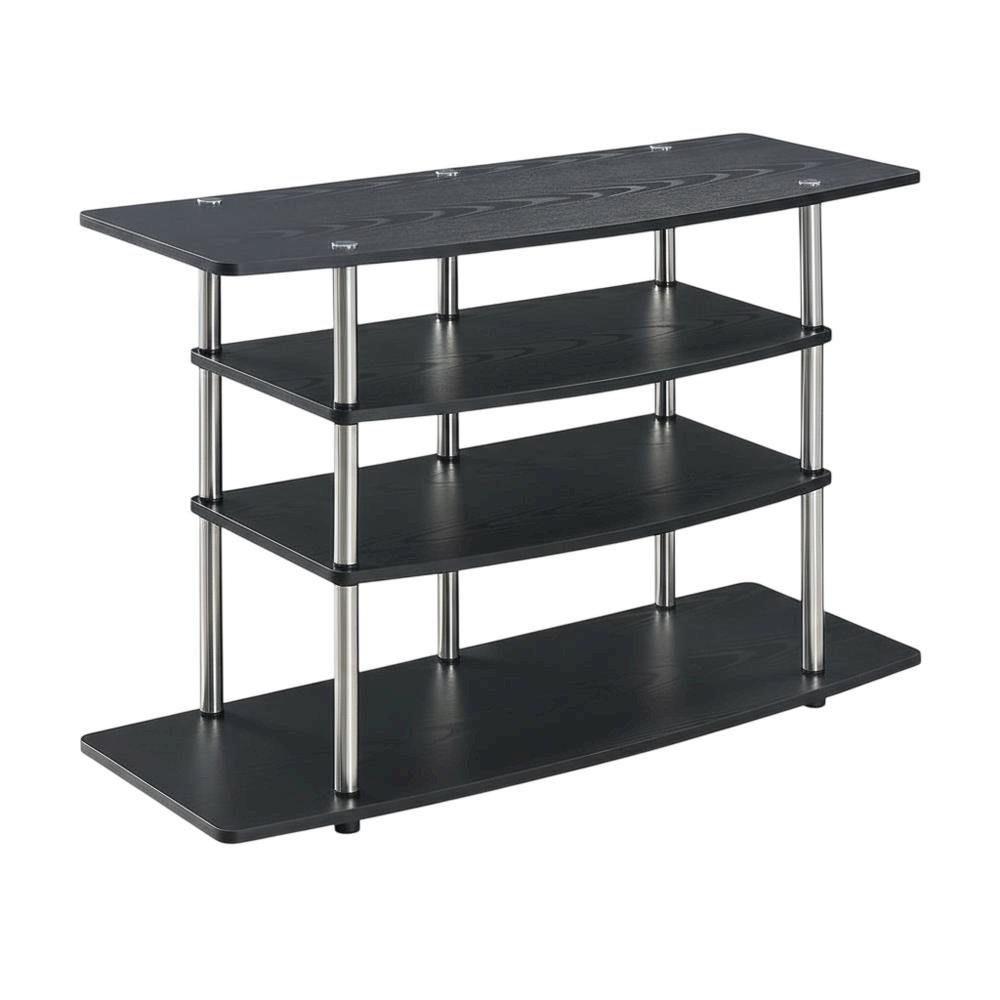 Black No Tools Wide Highboy TV Stand, Particle Board Shelves, Steel Poles. Picture 1
