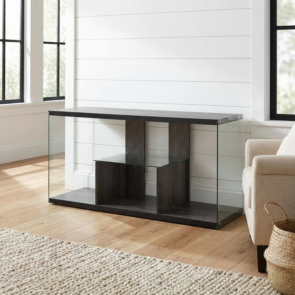 Weathered Gray TV Stand with Tempered Glass and PVC Edge Banding. Picture 2