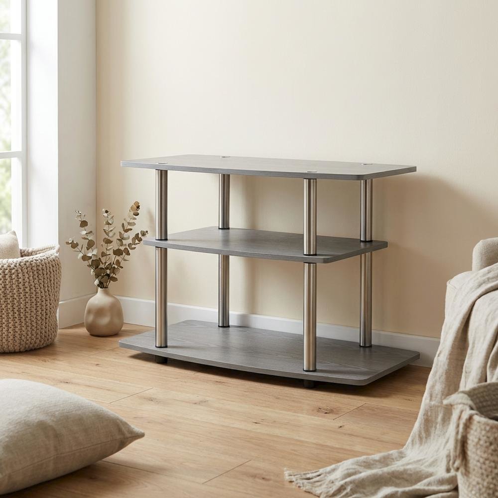 Gray No Tools 3-Tier TV Stand for TVs up to 37 inches, Transitional style. Picture 3