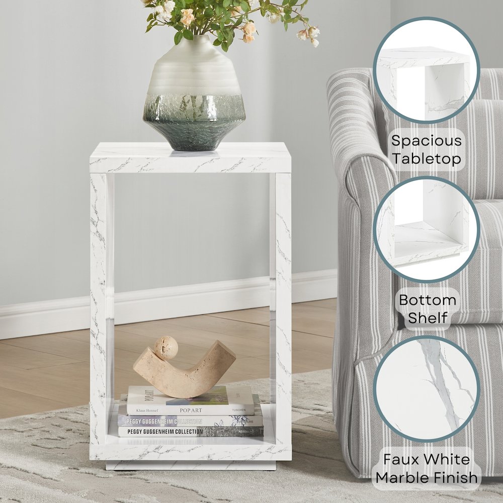 Northfield Admiral End Table with Shelf, White Faux Marble. Picture 4