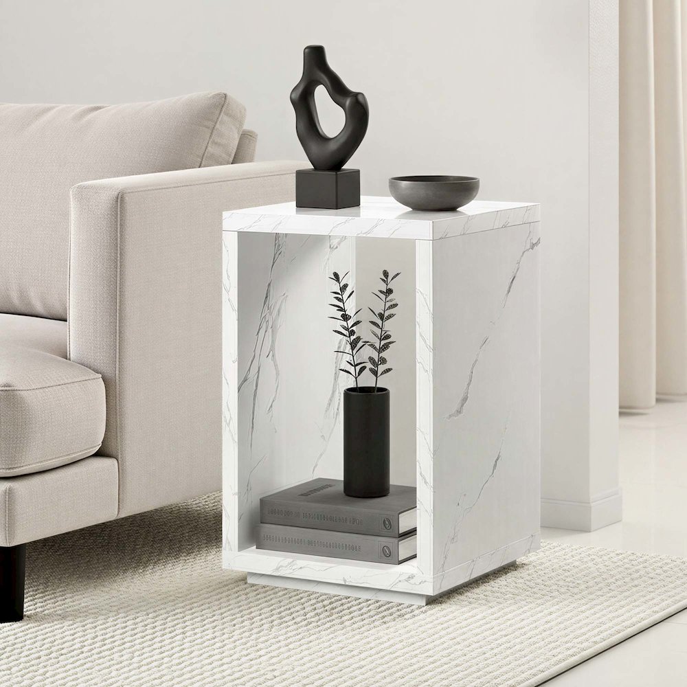 Northfield Admiral End Table with Shelf, White Faux Marble. Picture 2