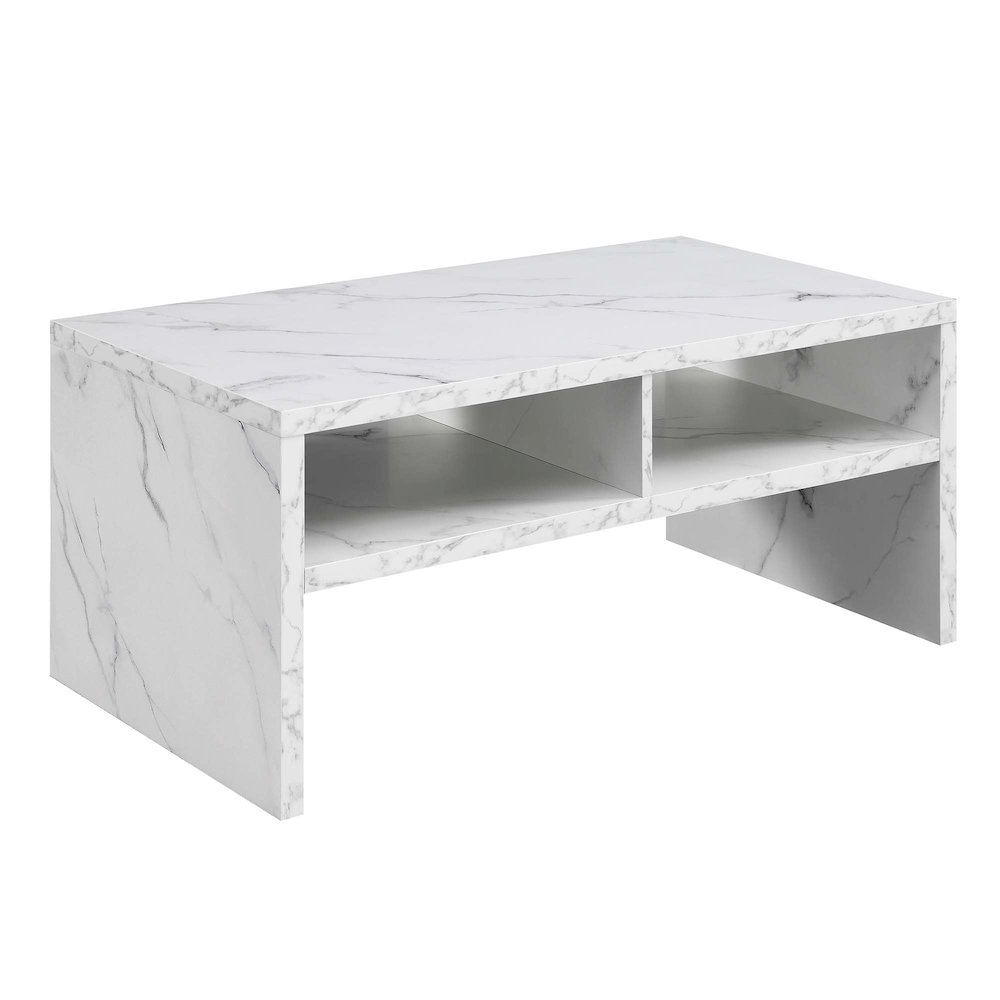 Northfield Admiral Deluxe Coffee Table with Shelves, White Faux Marble. Picture 1