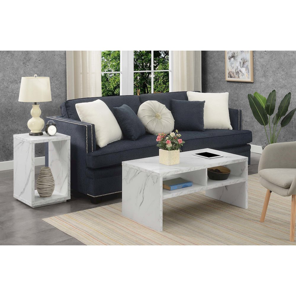 Northfield Admiral Deluxe Coffee Table with Shelves, White Faux Marble. Picture 5
