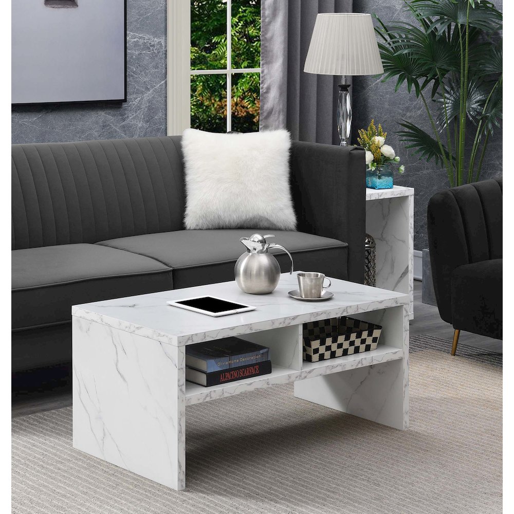 Northfield Admiral Deluxe Coffee Table with Shelves, White Faux Marble. Picture 2