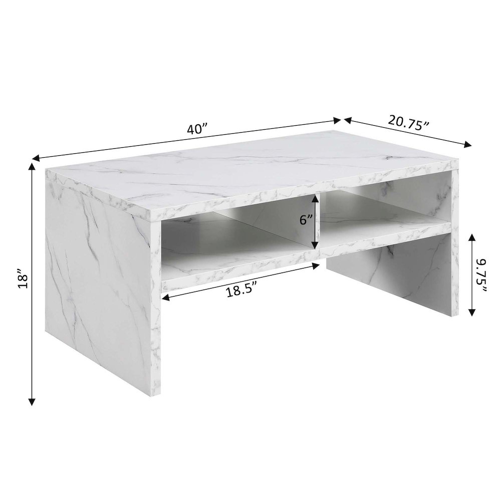 Northfield Admiral Deluxe Coffee Table with Shelves, White Faux Marble. Picture 6