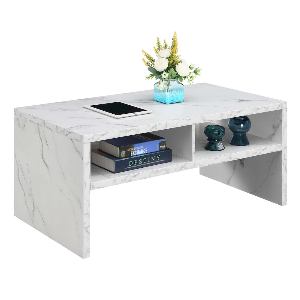 Northfield Admiral Deluxe Coffee Table with Shelves, White Faux Marble. Picture 3