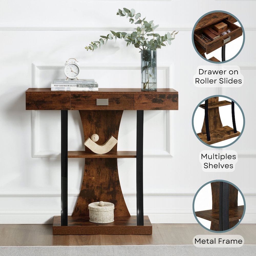 Newport 1 Drawer Harri Console Table with Shelves, Barnwood/Black. Picture 3
