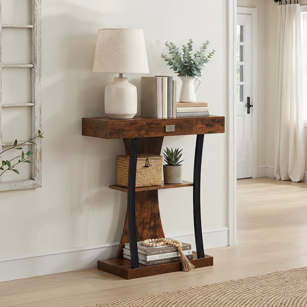 Newport 1 Drawer Harri Console Table with Shelves, Barnwood/Black. Picture 2