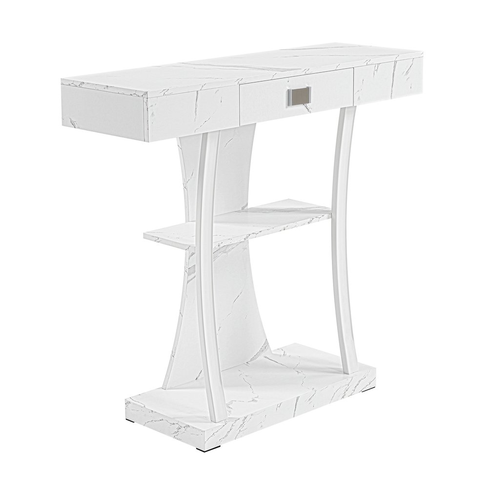 Newport 1 Drawer Harri Console Table with Shelves, White Faux Marble/White Base. Picture 1