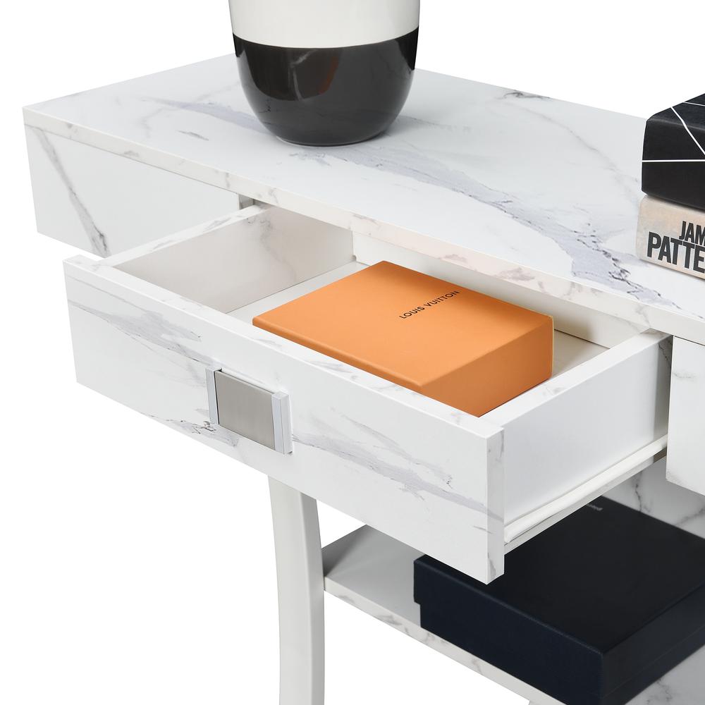 Newport 1 Drawer Harri Console Table with Shelves, White Faux Marble/White Base. Picture 2